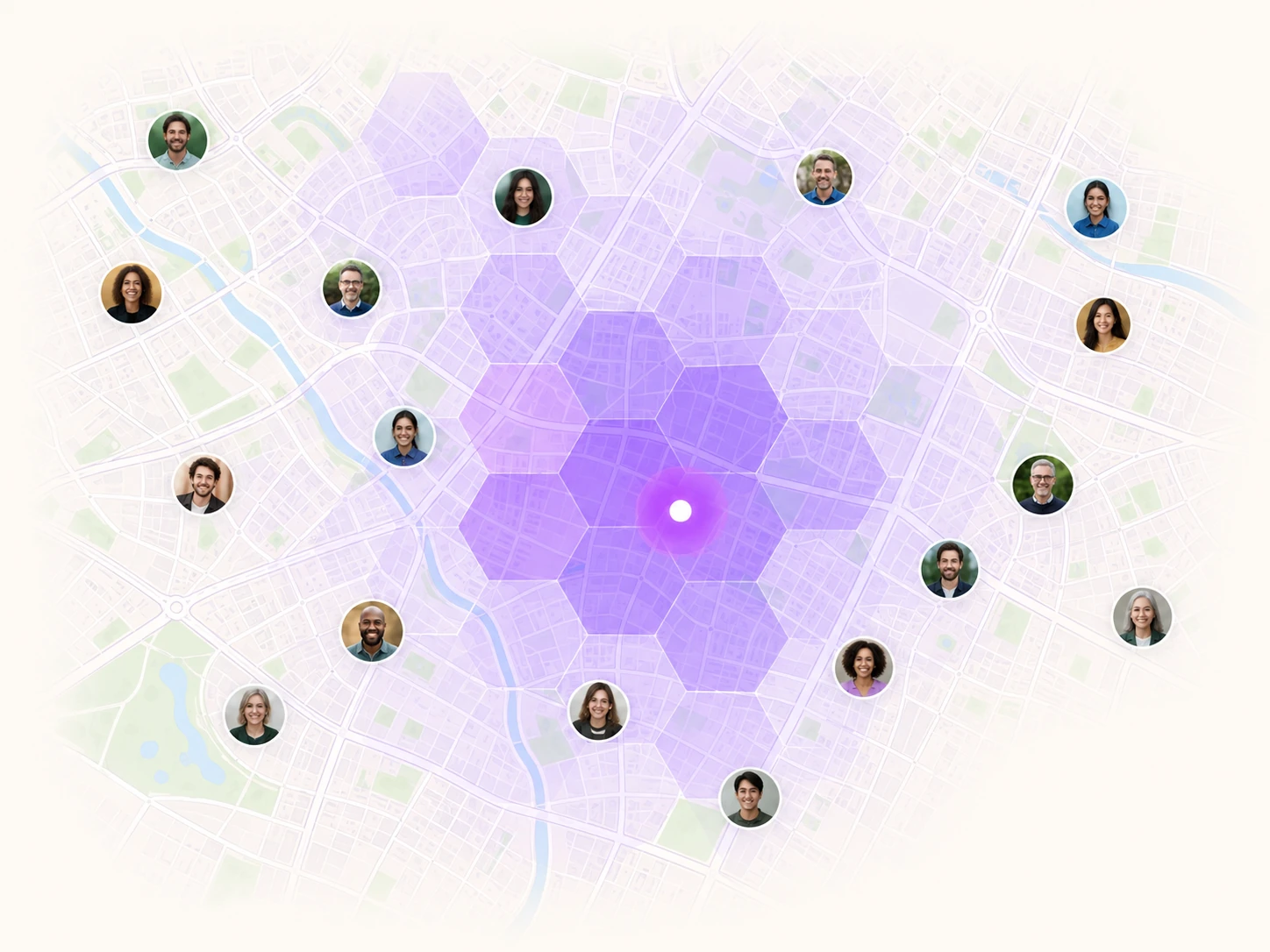 Neighbourhood streets visible through translucent purple hexagons, surrounded by neighbour portraits and concentric circles showing distance from the community beacon