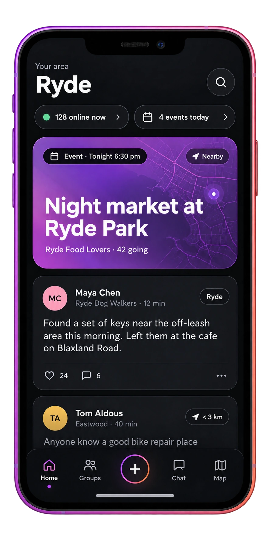 TinyTinySocial Ryde feed with nearby conversations